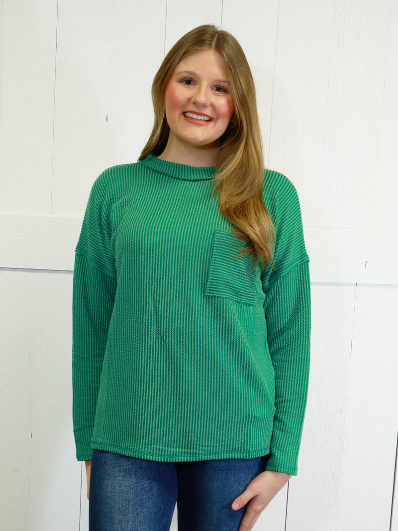 Zenana Ribbed Raw Edge Pocket Top Dark Green