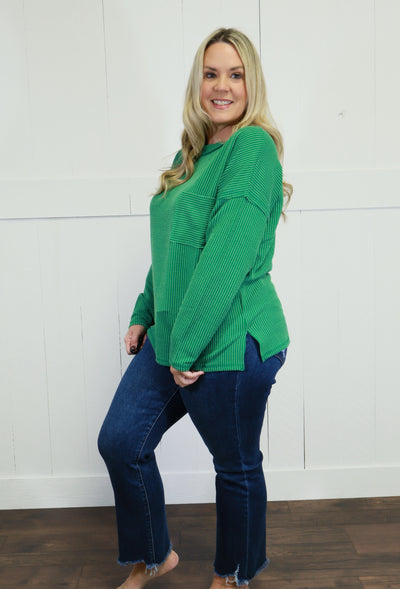 Zenana Ribbed Raw Edge Pocket Top Dark Green