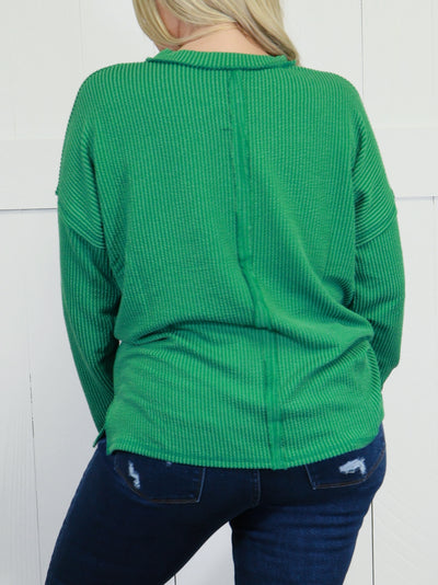 Zenana Ribbed Raw Edge Pocket Top Dark Green