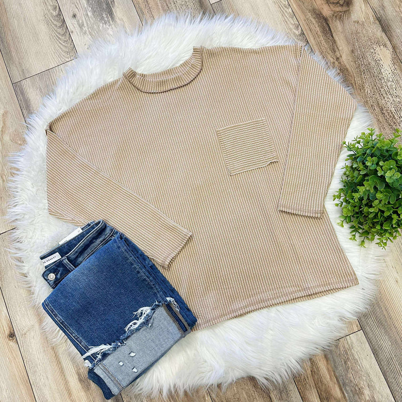 Zenana Ribbed Raw Edge Pocket Top Light Mocha