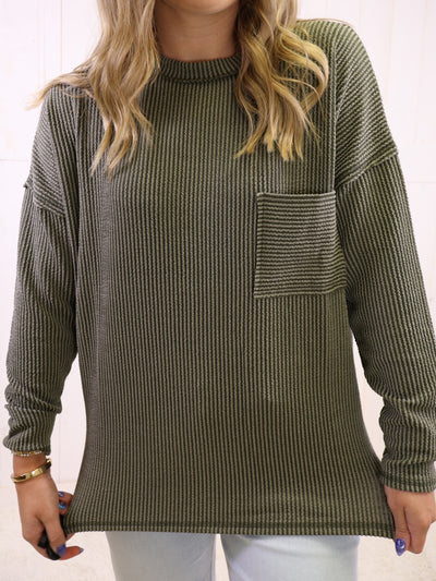 Zenana Ribbed Raw Edge Pocket Top Olive
