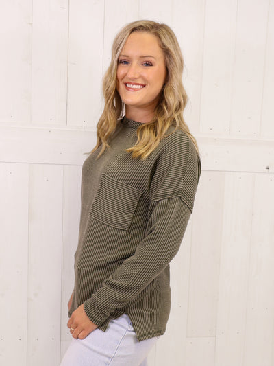 Zenana Ribbed Raw Edge Pocket Top Olive