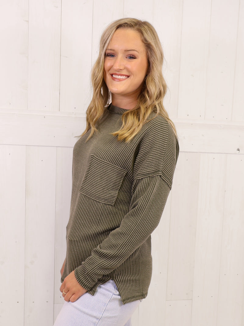 Zenana Ribbed Raw Edge Pocket Top Olive