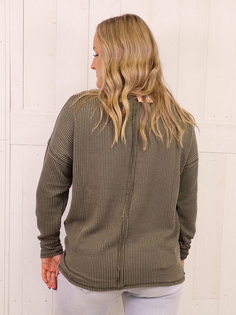 Zenana Ribbed Raw Edge Pocket Top Olive