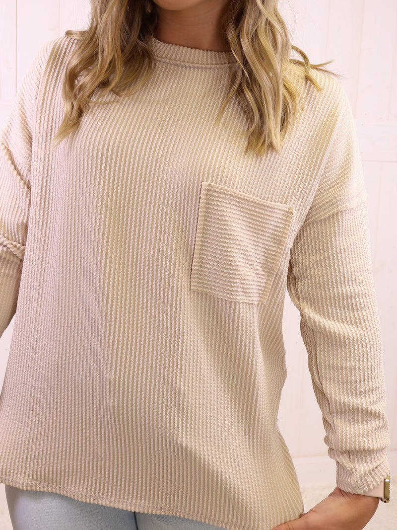 Zenana Ribbed Raw Edge Pocket Top Sand Beige