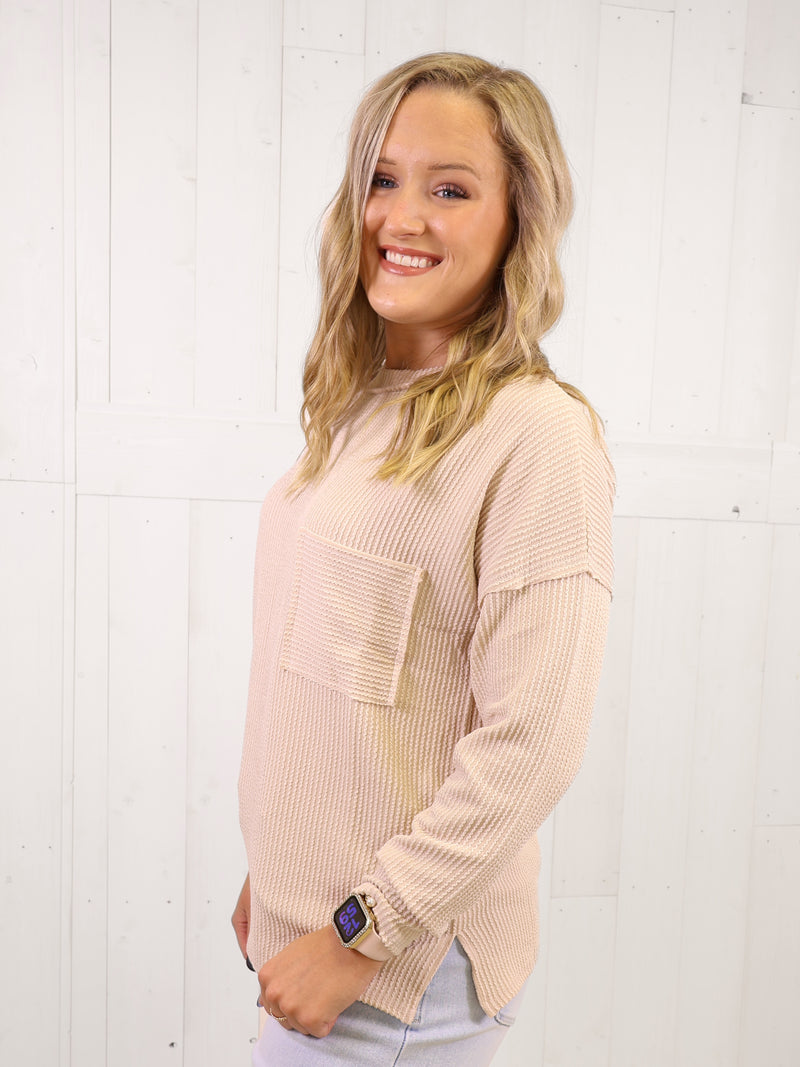 Zenana Ribbed Raw Edge Pocket Top Sand Beige