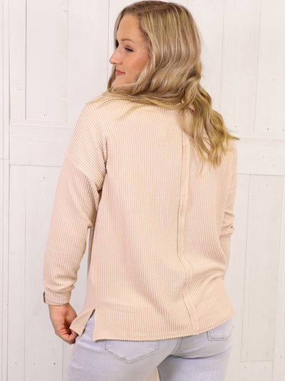 Zenana Ribbed Raw Edge Pocket Top Sand Beige