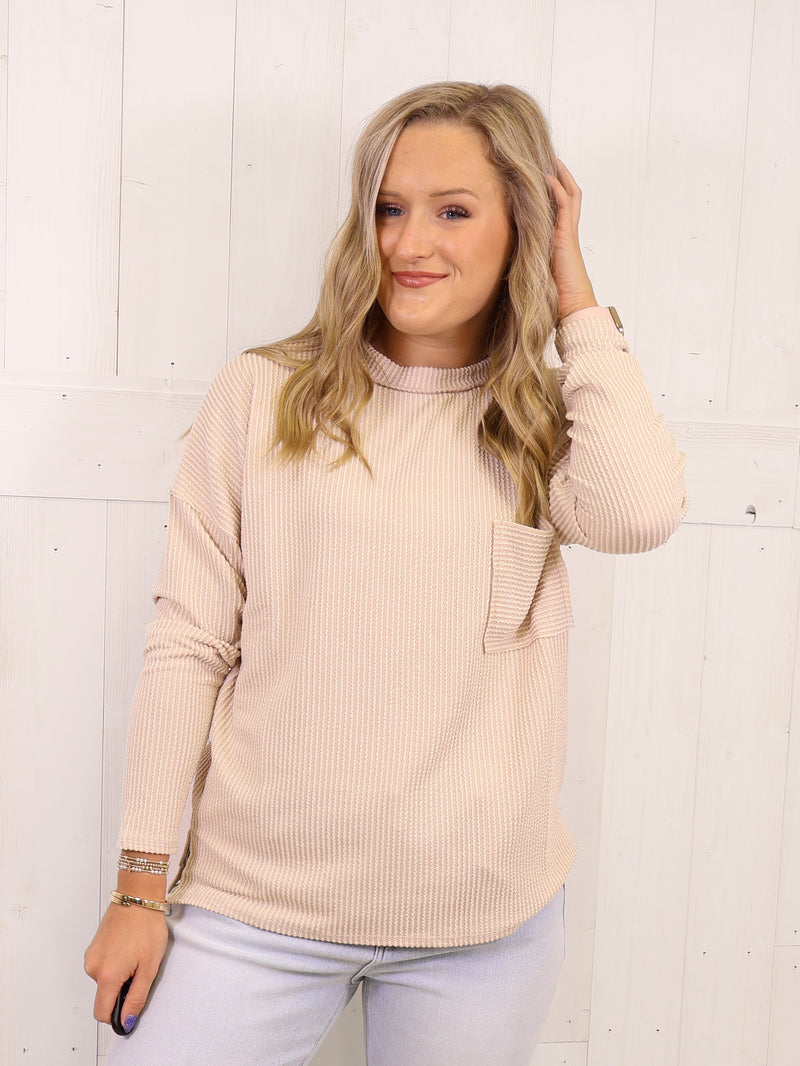 Zenana Ribbed Raw Edge Pocket Top Sand Beige