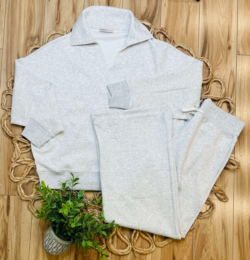 Zenana Scuba Collared Pant Set Heather Grey