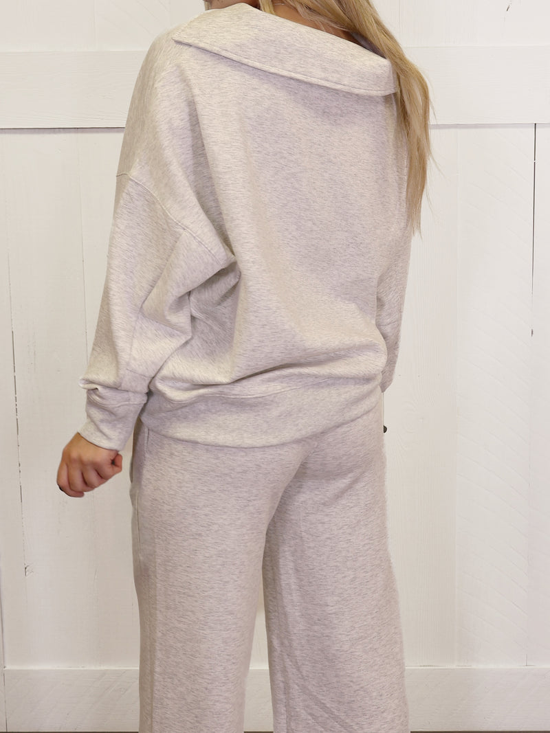 Zenana Scuba Collared Pant Set Heather Grey