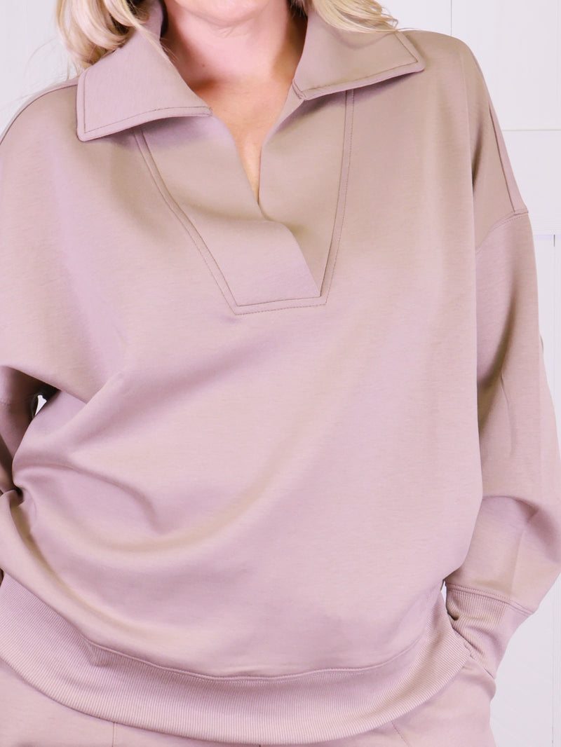 Zenana Scuba Collared Pant Set Light Brown