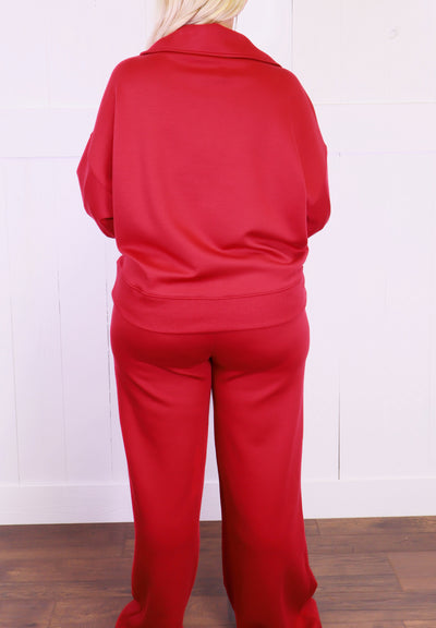 Zenana Scuba Collared Pant Set Wine