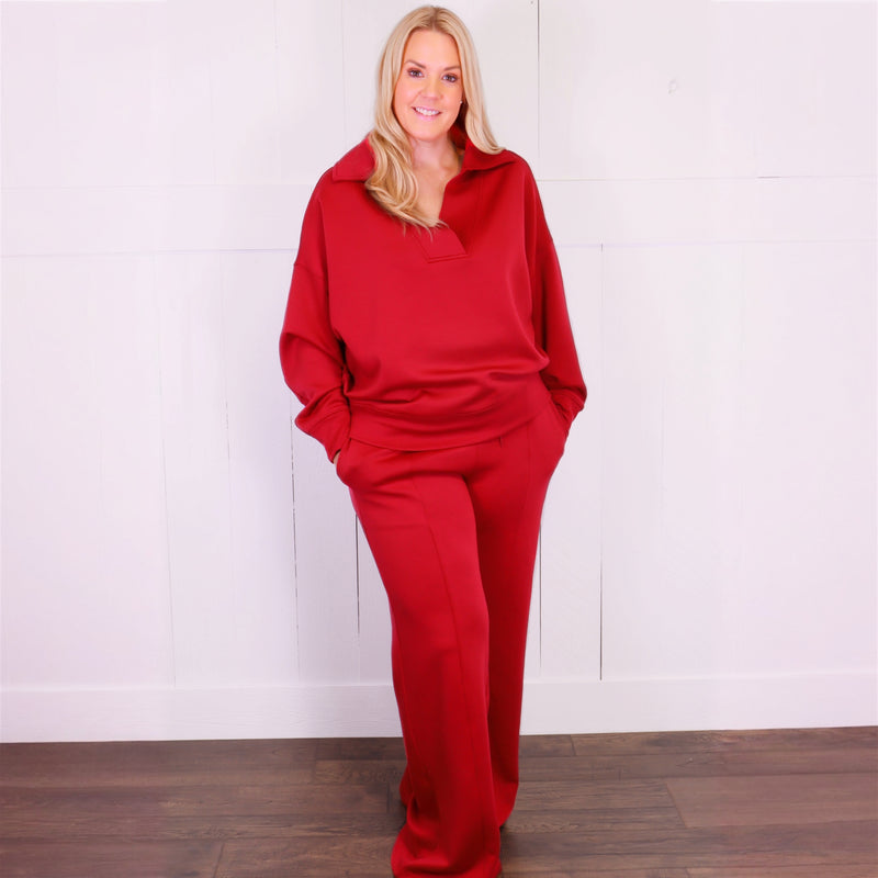 Zenana Scuba Collared Pant Set Wine