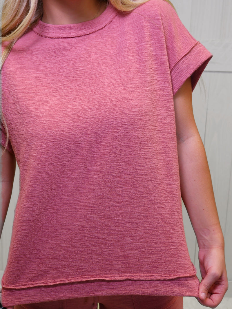 Zenana Slub Short Sleeve Pant Set Rose