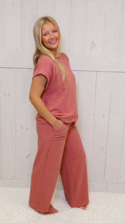 Zenana Slub Short Sleeve Pant Set Rose