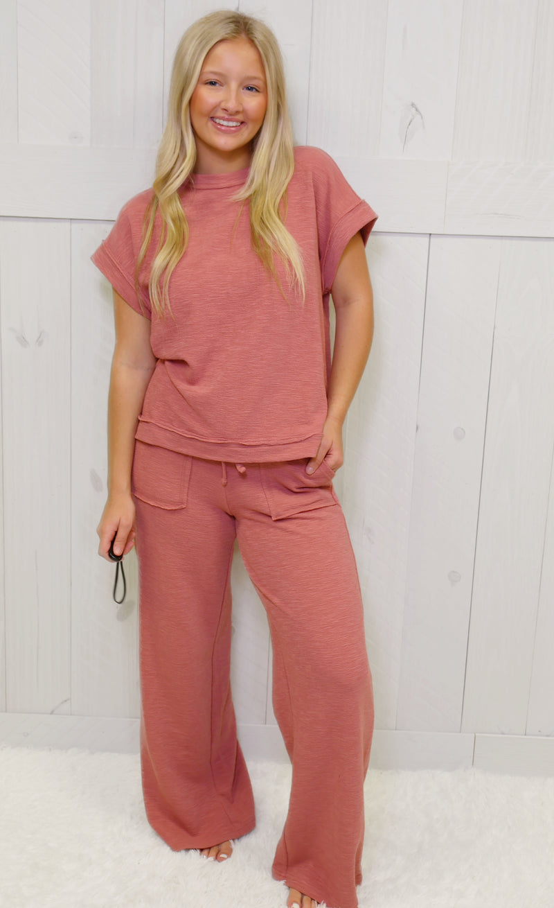 Zenana Slub Short Sleeve Pant Set Rose
