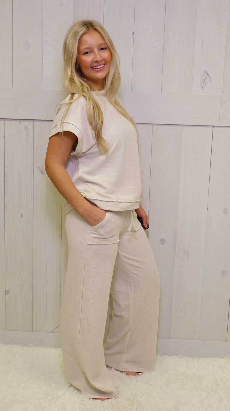 Zenana Slub Short Sleeve Pant Set Sand Beige