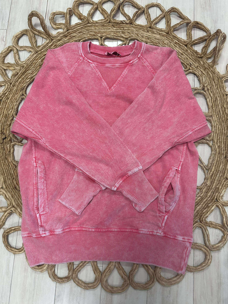 Zenana Basic Snow Washed Round Neck Pullover with Ribbed Side Red Sweater