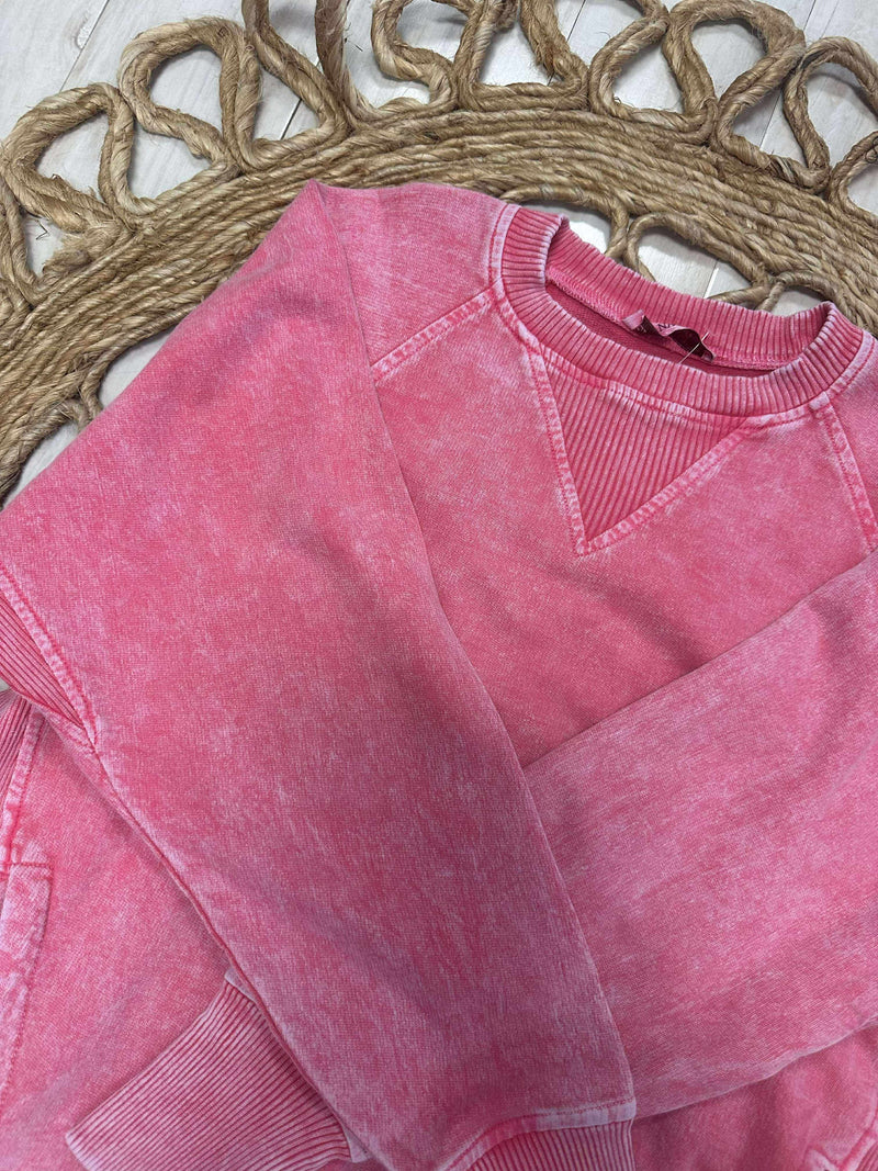 Zenana Basic Snow Washed Round Neck Pullover with Ribbed Side Red Sweater