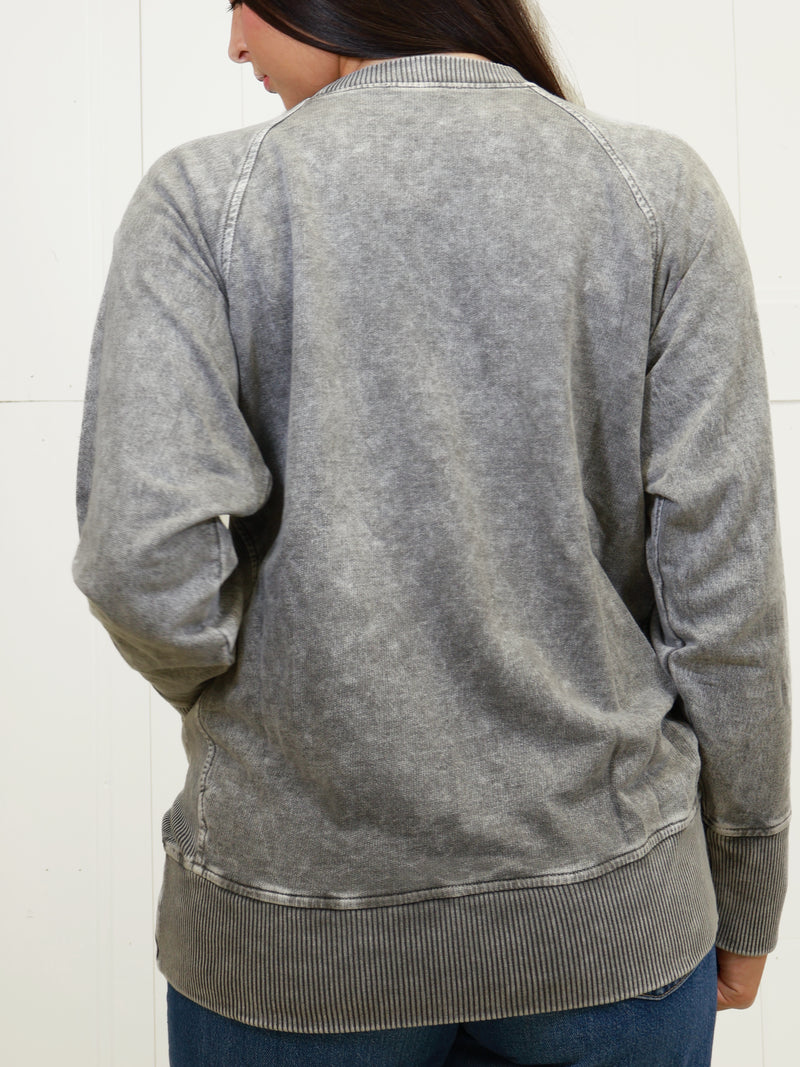 Zenana Basic Snow Washed Round Neck Pullover with Ribbed Sides Ash Black Sweater