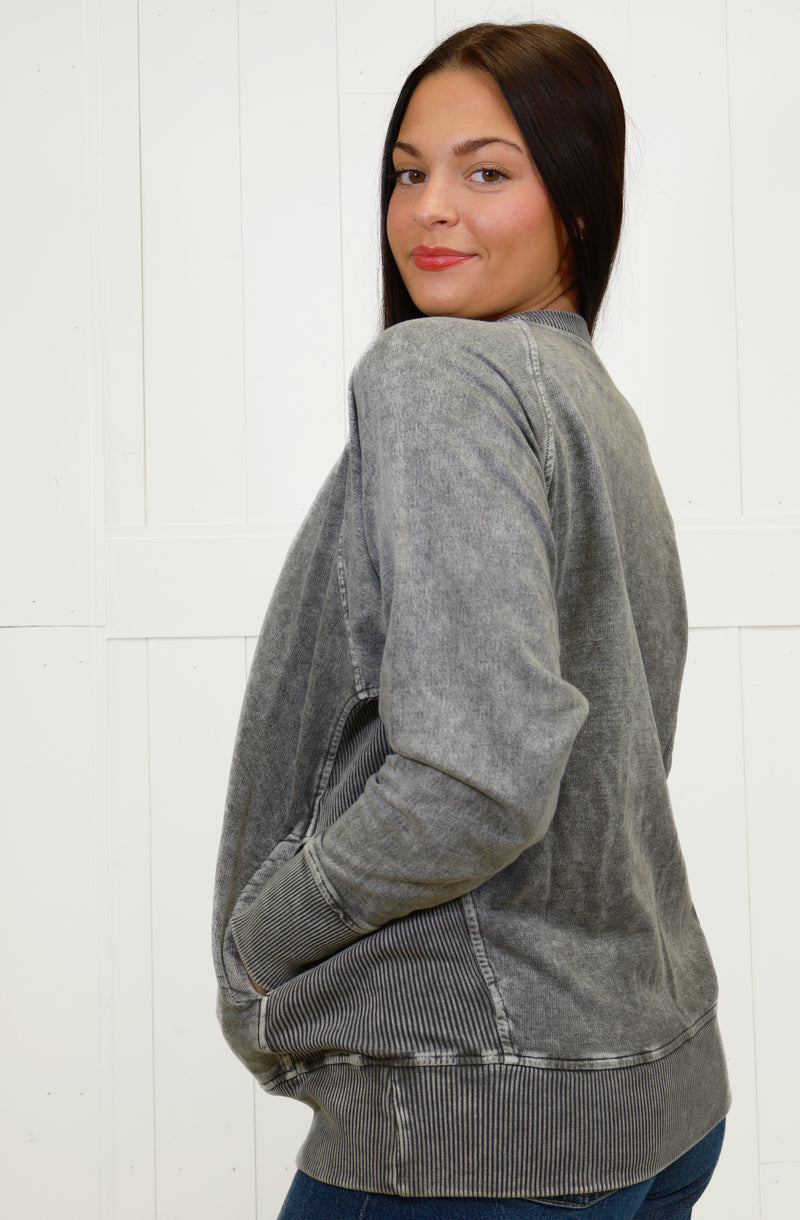 Zenana Basic Snow Washed Round Neck Pullover with Ribbed Sides Ash Black Sweater