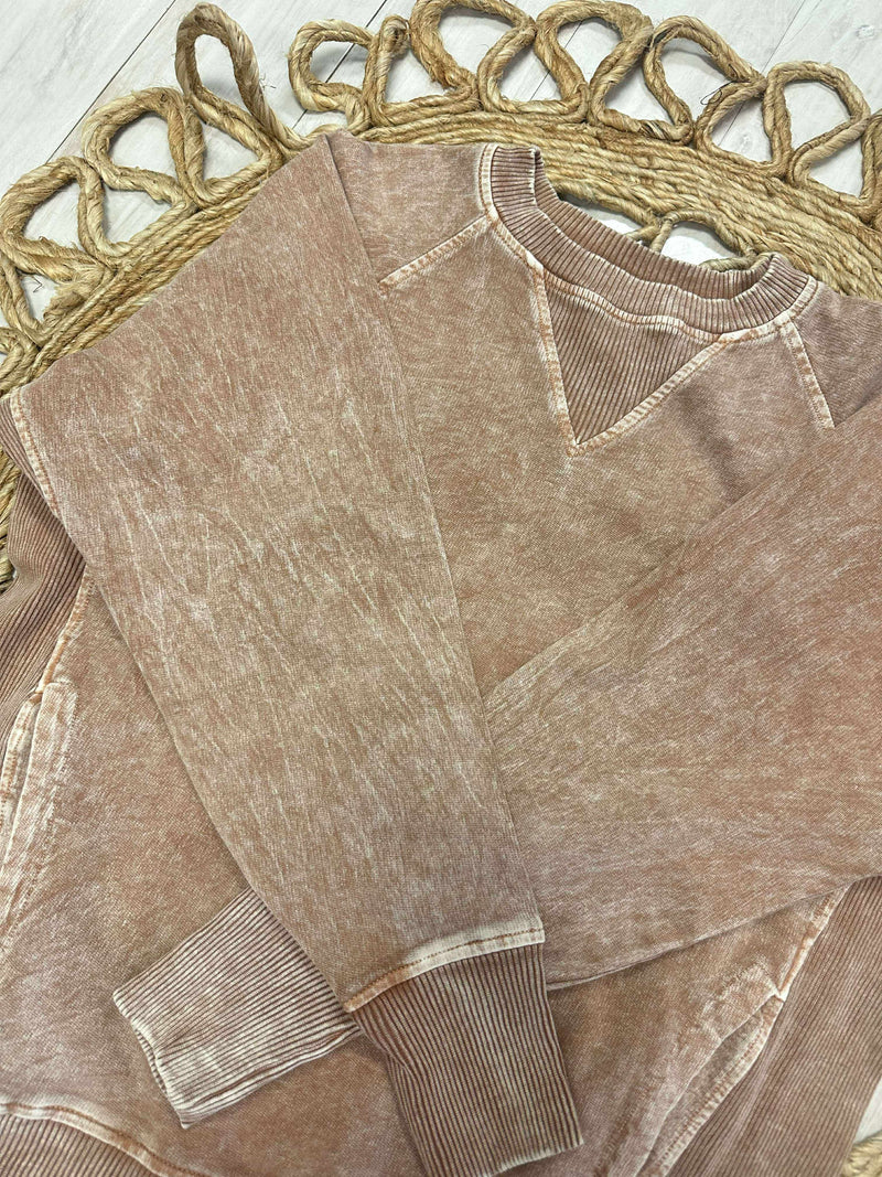 Zenana Basic Snow Washed Round Neck Pullover with Ribbed Sides Brown Sweater