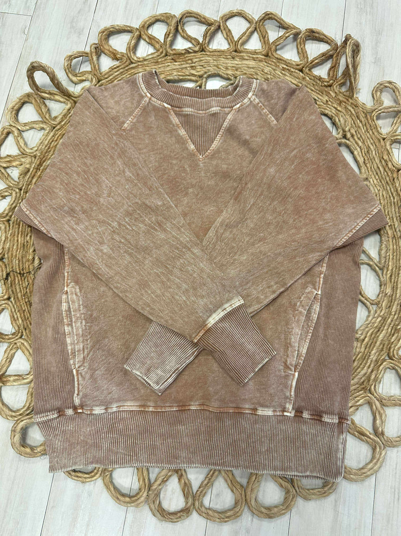 Zenana Basic Snow Washed Round Neck Pullover with Ribbed Sides Brown Sweater