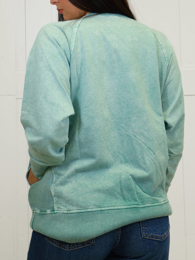 Zenana Basic Snow Washed Round Neck Pullover with Ribbed Sides Dark Green Sweater