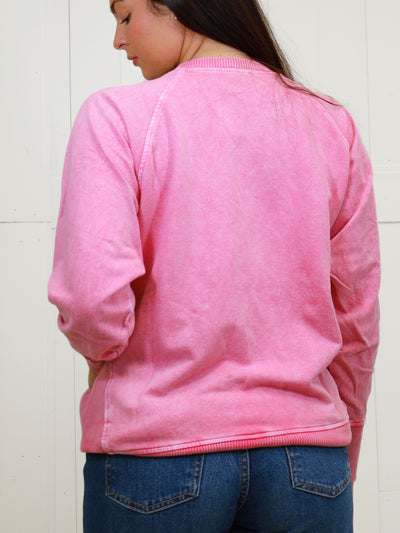 Zenana Basic Snow Washed Round Neck Pullover with Ribbed Sides Hot Pink Sweater