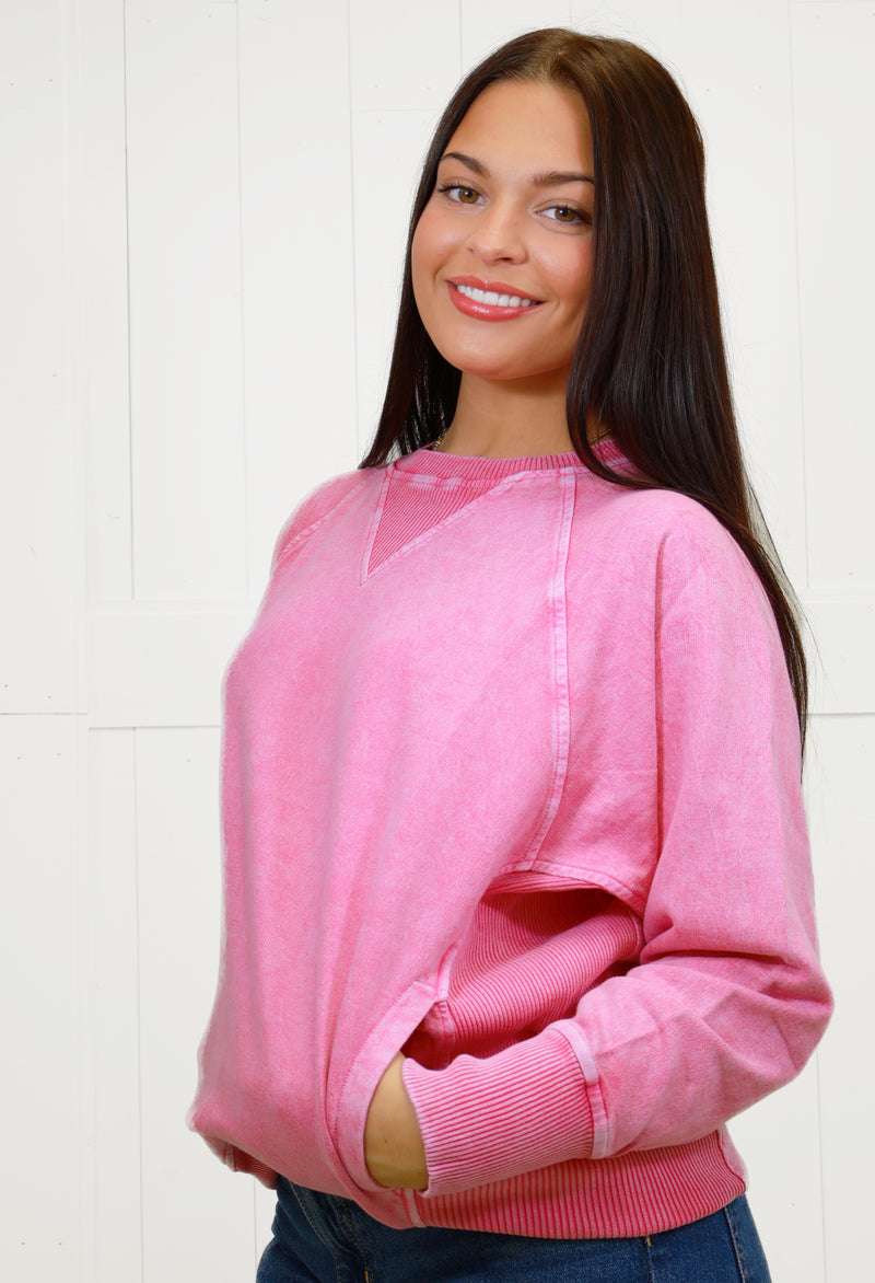 Zenana Basic Snow Washed Round Neck Pullover with Ribbed Sides Hot Pink Sweater