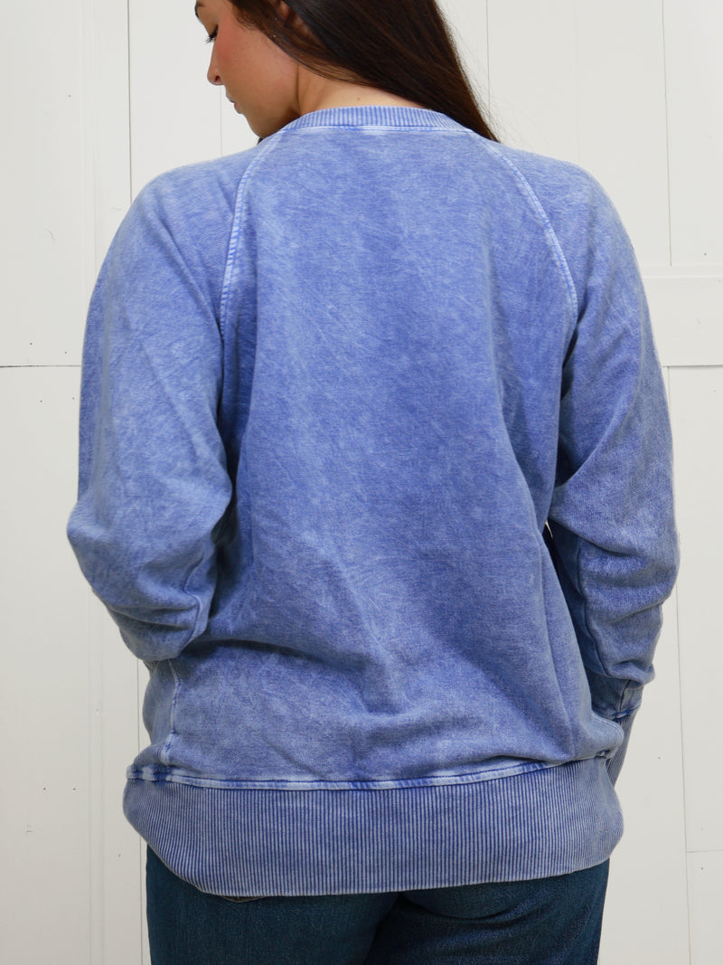 Zenana Basic Snow Washed Round Neck Pullover with Ribbed Sides Navy Sweater