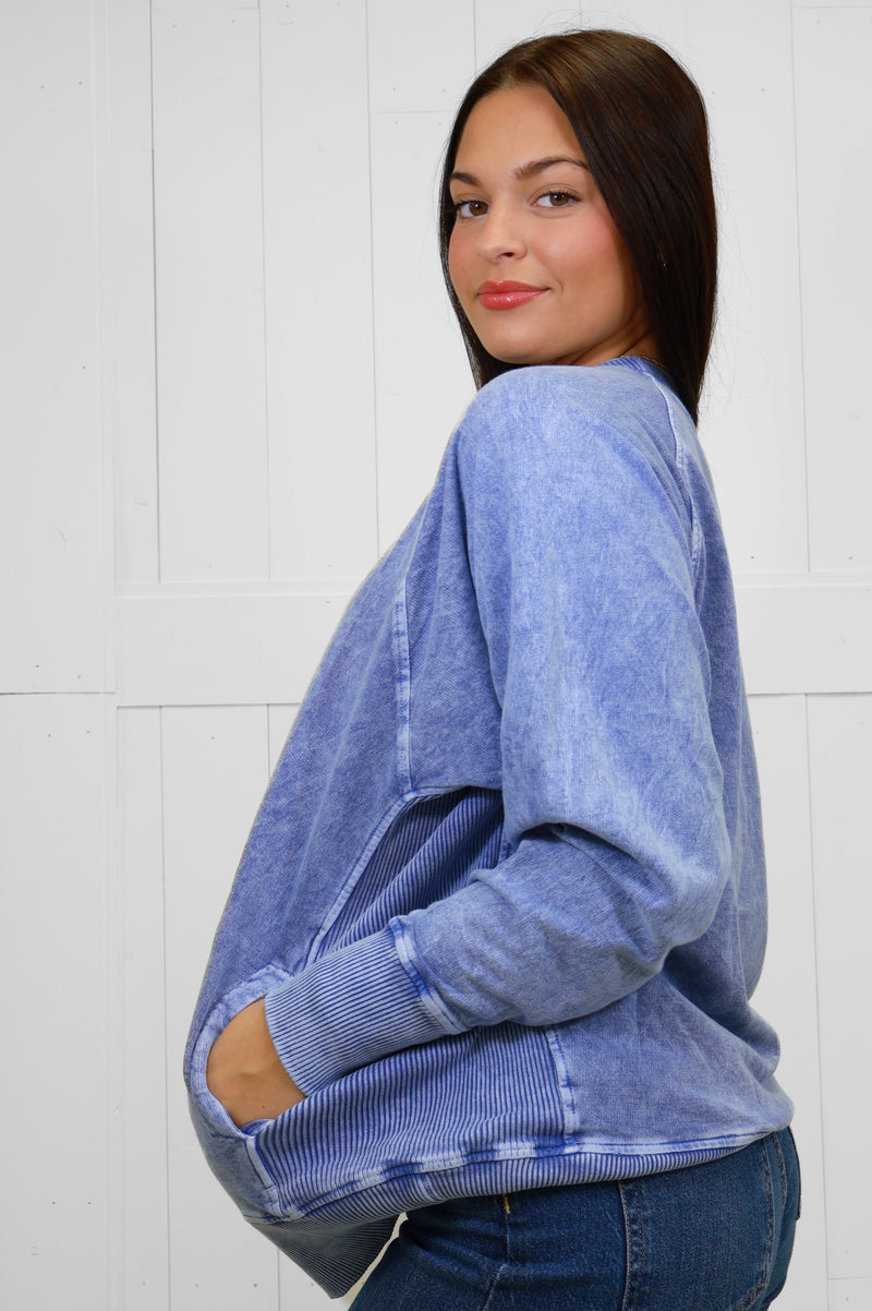 Zenana Basic Snow Washed Round Neck Pullover with Ribbed Sides Navy Sweater