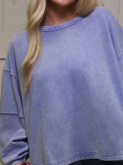 Zenana Washed Ribbed Exposed Seam Blue- Pullover Sweater Top
