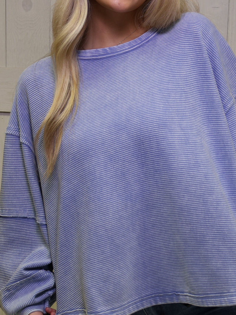 Zenana Washed Ribbed Exposed Seam Blue- Pullover Sweater Top