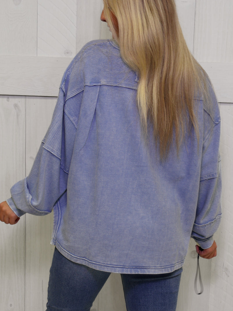 Zenana Washed Ribbed Exposed Seam Blue- Pullover Sweater Top