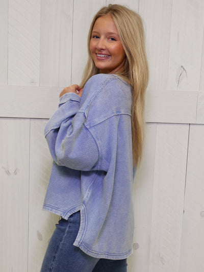 Zenana Washed Ribbed Exposed Seam Blue- Pullover Sweater Top