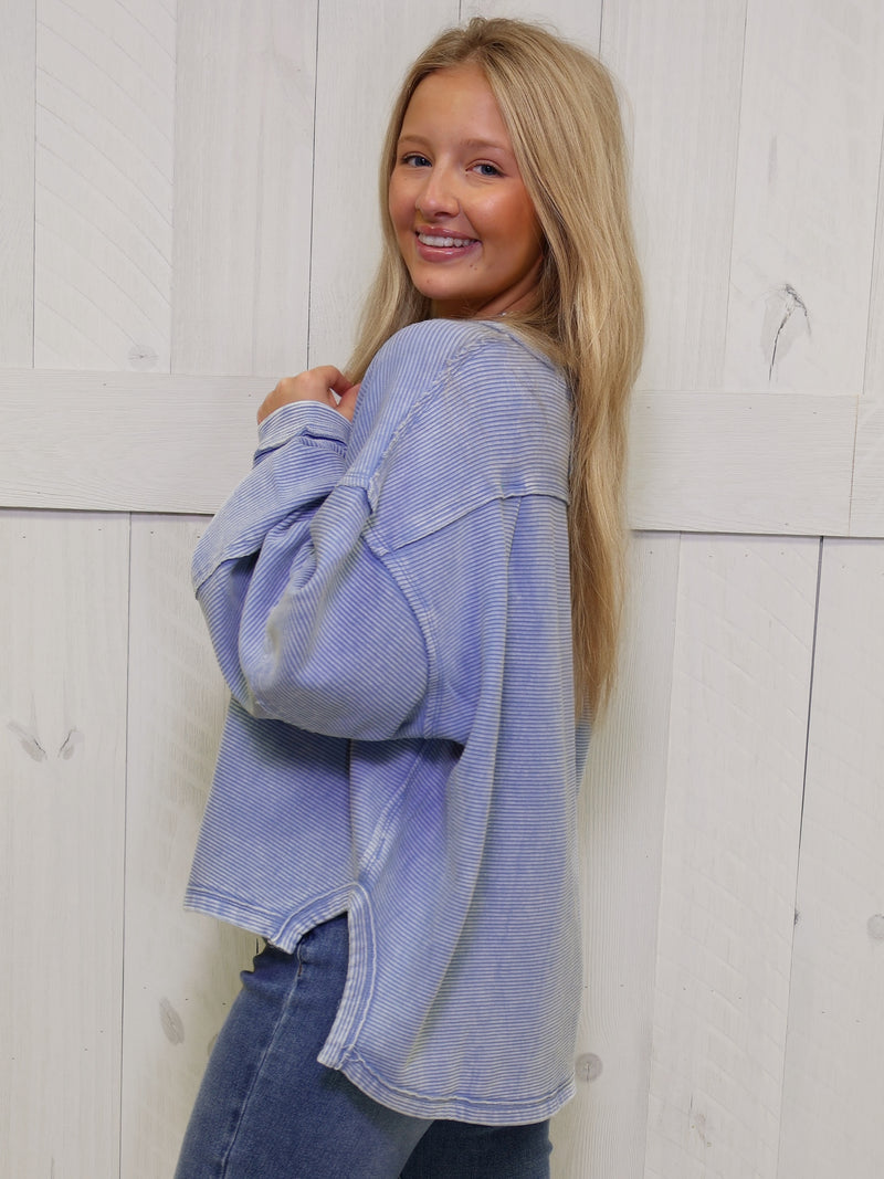 Zenana Washed Ribbed Exposed Seam Blue- Pullover Sweater Top