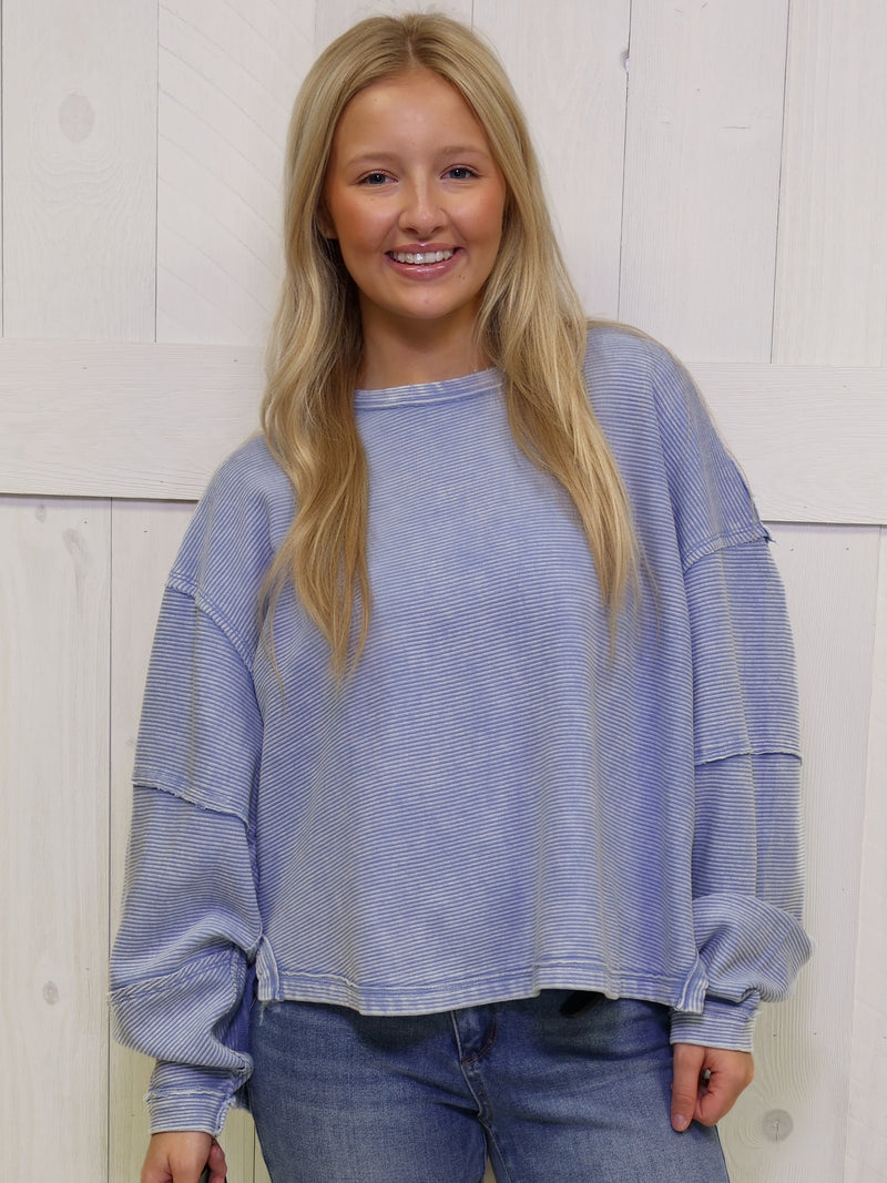 Zenana Washed Ribbed Exposed Seam Blue- Pullover Sweater Top