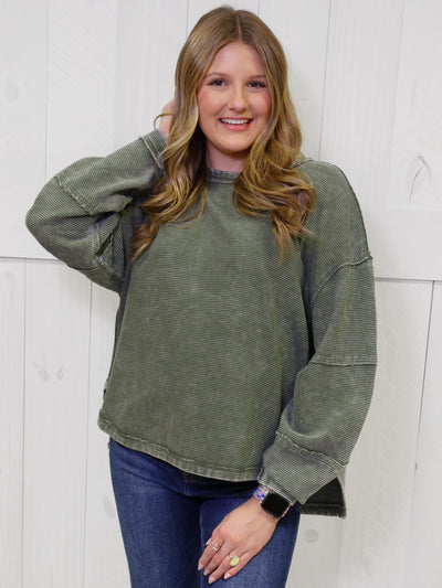Zenana Washed Ribbed Exposed Seam Pullover Olive Sweater Top