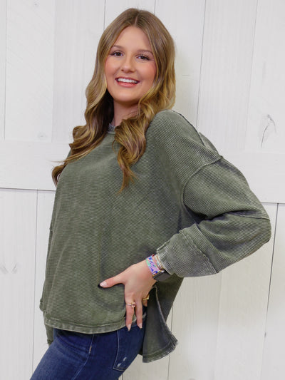 Zenana Washed Ribbed Exposed Seam Pullover Olive Sweater Top