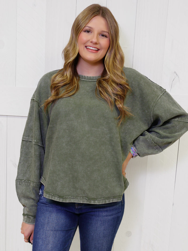 Zenana Washed Ribbed Exposed Seam Pullover Olive Sweater Top