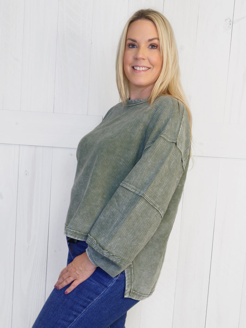 Zenana Washed Ribbed Exposed Seam Pullover Olive Sweater Top