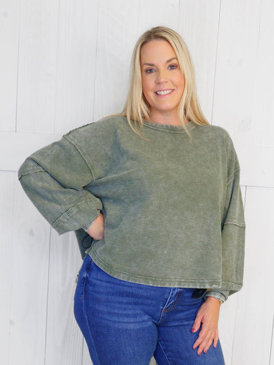 Zenana Washed Ribbed Exposed Seam Pullover Olive Sweater Top