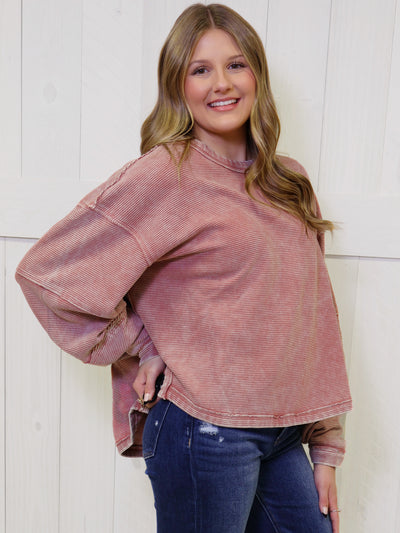 Zenana Washed Ribbed Exposed Seam Pullover Rose Sweater Top