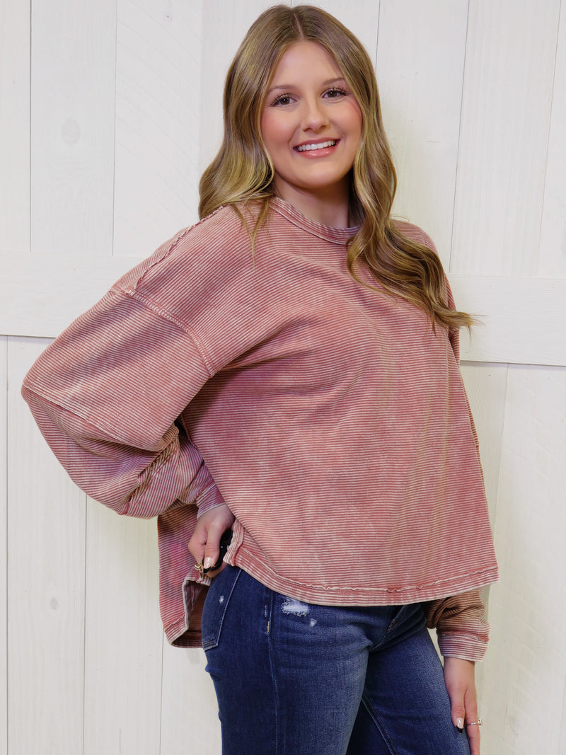 Zenana Washed Ribbed Exposed Seam Pullover Rose Sweater Top