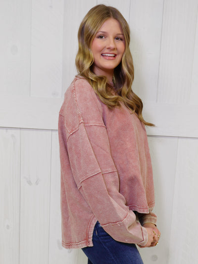 Zenana Washed Ribbed Exposed Seam Pullover Rose Sweater Top
