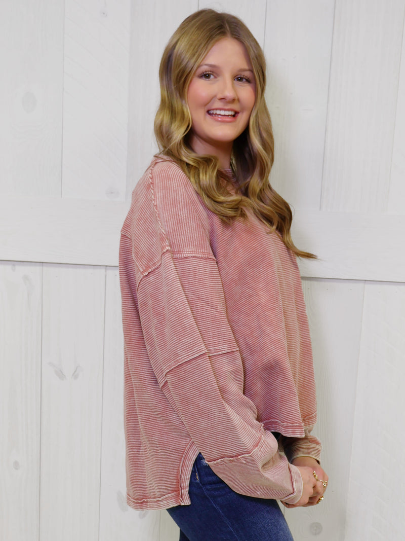 Zenana Washed Ribbed Exposed Seam Pullover Rose Sweater Top