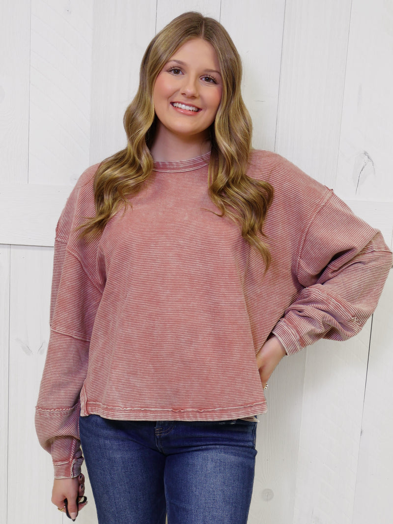 Zenana Washed Ribbed Exposed Seam Pullover Rose Sweater Top