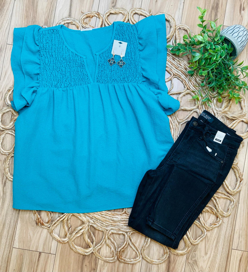 Teal Top with Ruffle Sleeves