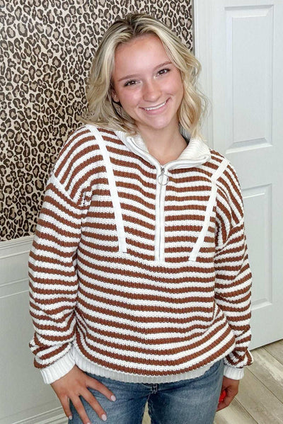 Coffee & Cream Striped Half Zip Pullover